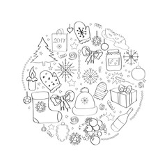 Vector illustration Set of Christmas symbols and individual elements for holiday cards, posters, invitations. black-and-white line circuit.