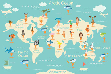 Animals, map of the world. World map for children. Animals poster. Continent animals, marine life. South America, Eurasia, North America, Africa, Australia. Vector illustration.