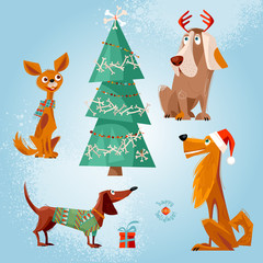 Holiday for dogs. Four dogs and the Christmas tree decorated with bones. Christmas greeting card. 