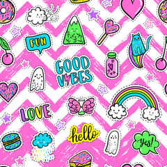 Vector hand drawn fashion pink color patches: rainbow, doughnut, mountain, cat, ghost, cloud, macaron, cake, lollipop, heart seamless pattern. Modern pop art sticker, patches pin, badge 80s-90s style