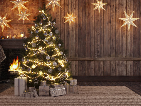 Christmas stocking on fireplace background. 3d rendering