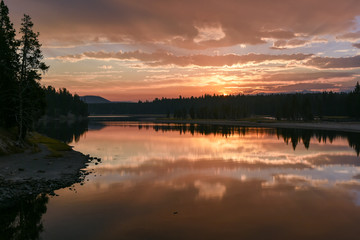 Pink sunrise over Fishing Bridge in Yellowstone