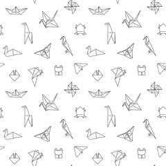 Black and White Cute Kids Seamless Pattern. Repetitive Texture with Hand Drawn Origami Animals and Objects. Vector Ink Doodle Baby Background. Cartoon Ornament - 124532297