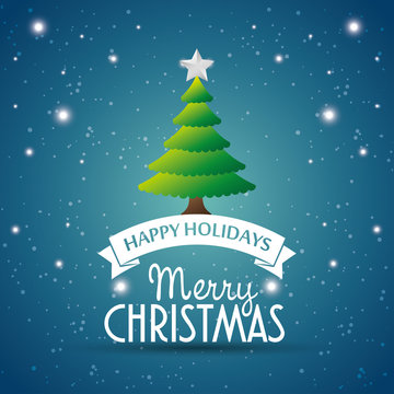happy holidays merry christmas tree star label blue background vector illustration eps 10