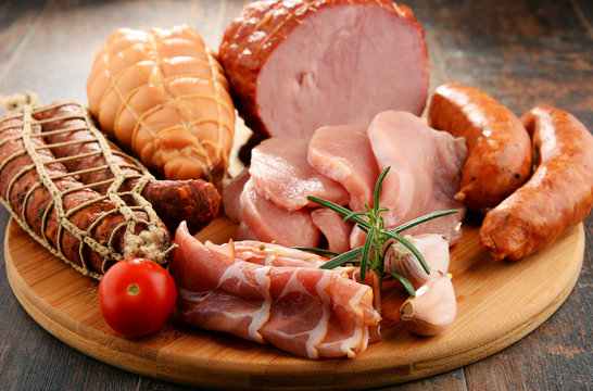 Meat products including ham and sausages
