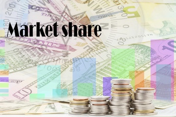 rows of coins on banknote,with Written word market share.