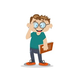 the boy holds the book. corrects glasses hand. vector illustration of cartoon