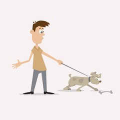 the man walks the dog. the dog saw the bone. vector illustration of cartoon