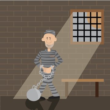 the man in the cell in handcuffs. through the grating the incident light beam. vector illustration of cartoon