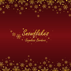 Fototapeta na wymiar Seamless winter borders with golden snowflakes on dark red background. Vector illustration.