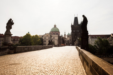 Prague, Czech Republic. Charles Bridge with its statuette, Old Town Bridge Tower, St. Francis Of...
