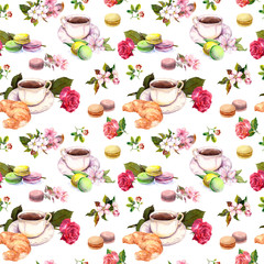 Tea, coffee pattern - flowers, croissant, teacup, macaroon cakes. Watercolor. Seamless