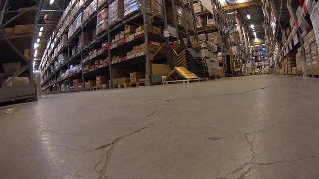 Smile Young Woman Have Fun In Furniture Store Warehouse, Rides Shopping Cart