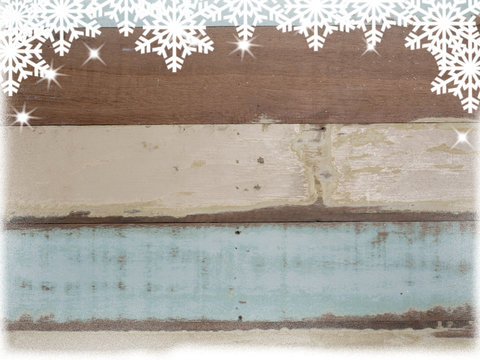 Decoration christmas with wooden background and snow . top view with copy space