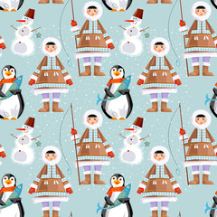 Fototapeta na wymiar Eskimo Child and a Snowman, a penguin with a fish. Seamless background pattern.