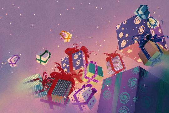 christmas gift boxes floating on purple background,illustration painting