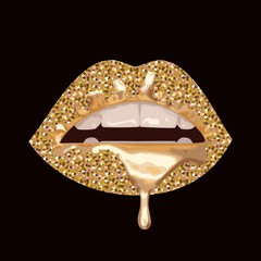 Vector illustration with parted lips. Gold glitter on sexy lips. Dripping with gold paint lips.