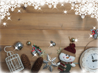 Decoration christmas with wooden background and snow . top view with copy space