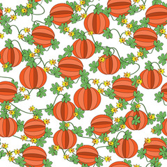 Vector botanical pattern with pumpkins vegetables, flowers and leaves