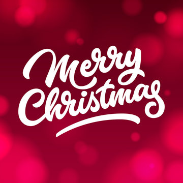 Merry Christmas, xmas badge with handwritten lettering, calligraphy with red background and realistic lights for logo, banners, labels, postcards, prints, posters, web. Vector illustration