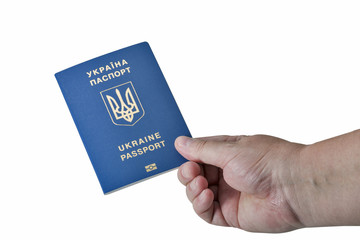Hand holding Ukrainian biometric passport isolated on white background