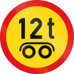 Temporary road sign used in the African country of Botswana - Vehicles exceeding 12 tonnes on a tandem axle prohibited