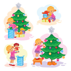 Set of icons little girl opening Christmas presents