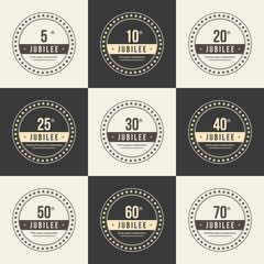 Vector set of anniversary signs, symbols. 5, 10, 20, 25, 30, 40, 50, 60, 70 years jubilee design elements collection.