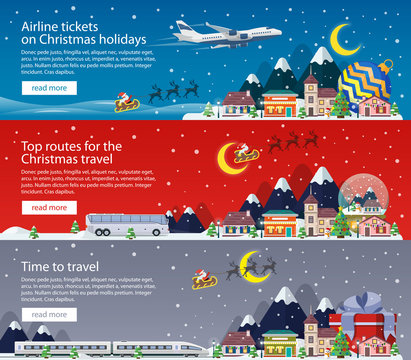 Merry Christmas banners in flat style. Traveling by plane, bus and train. A small town in mountains. The winter vacation. Mountains, buildings, trees and snow. Christmas travel vector illustration