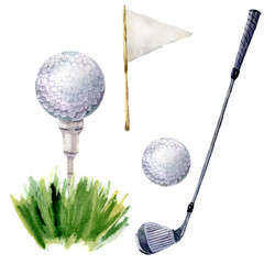 Watercolor golf elements set. Golf illustration with tee, golf club, golf ball, flagstick and grass isolated on white background. For design, background or wallpaper - 124539832