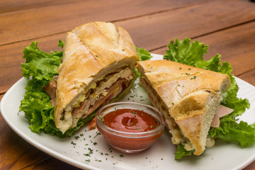 served panini in wood table