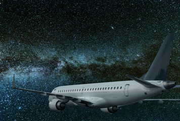 Airplane flying at night. Milky Way galaxy