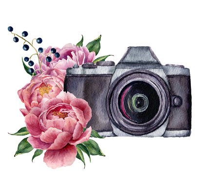 Watercolor photo label with peony flowers. Hand drawn photo camera with peonies, berries and leaves isolated on white background. For design, logo, prints or background