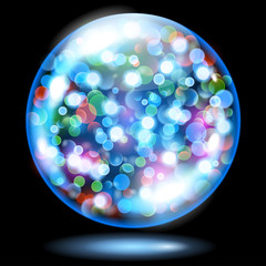 Light blue glass sphere filled with multicolored glowing sparkles with bokeh effect. Sphere with colored sparkles, glares and shadow. Used only on dark background.