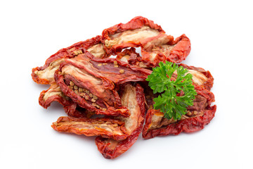 Dried tomatoes isolated on white background.
