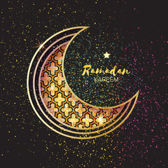 Obraz na płótnie Canvas Golden Festive Ramadan crescent moon, stars. Greeting card.