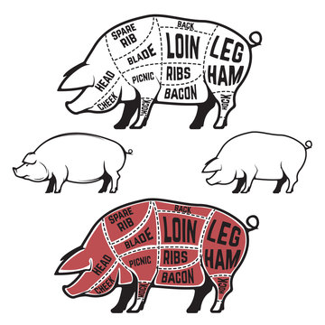 Butcher diagram, scheme and guide - Pork cuts.  Set of pig silho