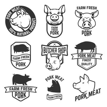 Pork meat labels. Pig silhouettes and heads. Design elements for