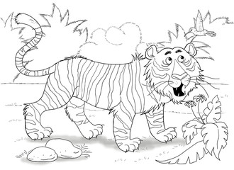 At the zoo. African animals. A cute tiger is looking at a little bird. Illustration for children. Coloring book. Coloring page. Cartoon characters.