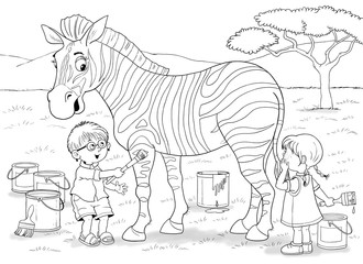 Plakat At the zoo. African animals. Cute boy and girl are painting zebra's strips in different colors. Illustration for children. Coloring book. Coloring pages. Cartoon characters.