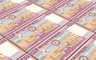 Omani rials bills stacked background. 3D illustration.