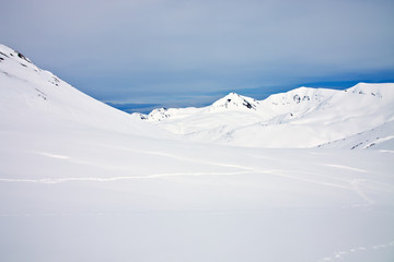 Fototapeta na wymiar Mountain range after a snowfall and the trails of bear
