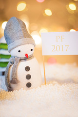 Cute festive snowman with sign, Christmas lights in background