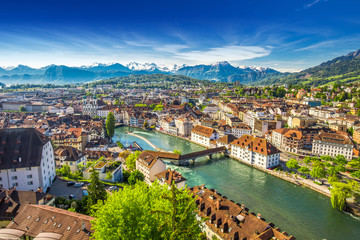 Pilatus mountain and historic city center of Lucerne, Central Switzerland