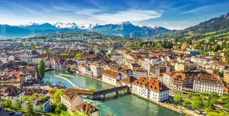 Wall murals Central-Europe Pilatus mountain and historic city center of Lucerne, Central Switzerland