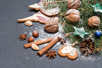 Christmas decoration, fir tree branches with nuts, gingerbread and  spices in snow  on  dark background.