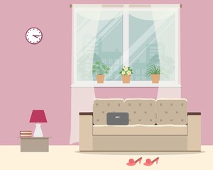 Living room in pink color. There is a sofa, a window with flowers, a table, room slippers and other objects in the picture. Vector flat illustration