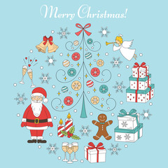 Christmas and New Year holiday  icons set, vector illustrations hand drawn. Christmas tree, Santa Claus, angel, snowflakes, gingerbread man, bells, gift boxes and champagne glasses isolated.