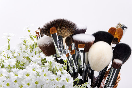 Makeup brushes set with flowers. Chickweed. White background