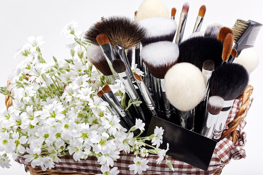 Makeup brushes set in crib with flowers. Chickweed. White backgr